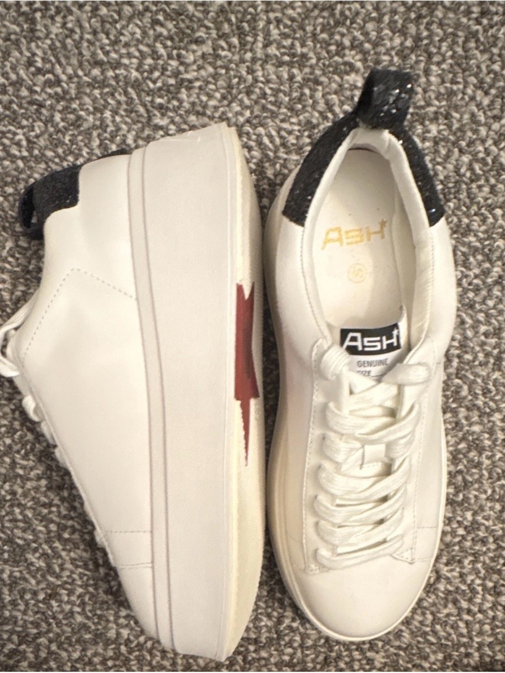 ASH White Leather Platform Sneakers with Black Glitter Heel and Red Sole Accent